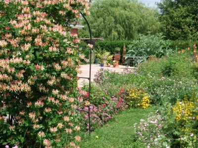 the cottage garden with mature trees in the background.